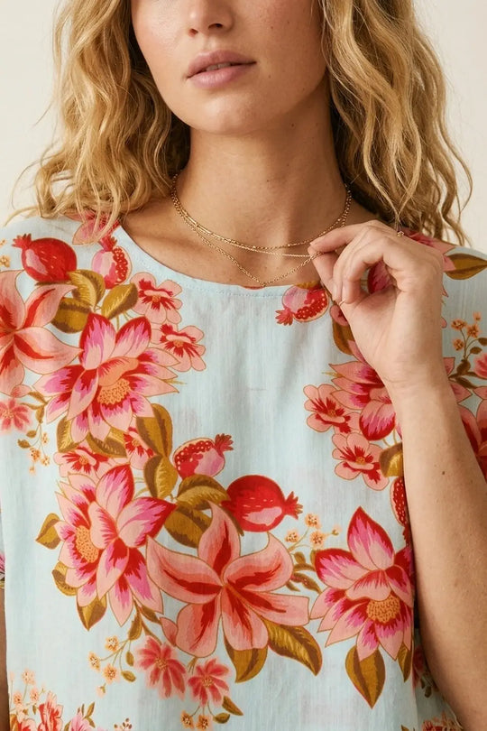 Light Blue Floral Print Lightweight Woven Boxy Crop Top - Tops