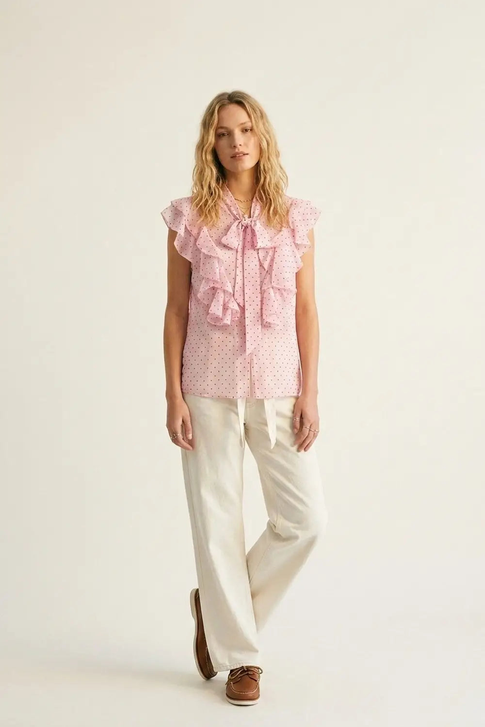 Light Pink Polka-Dot Chiffon Ruffle Bow Tie Sleeveless Blouse - Shirts