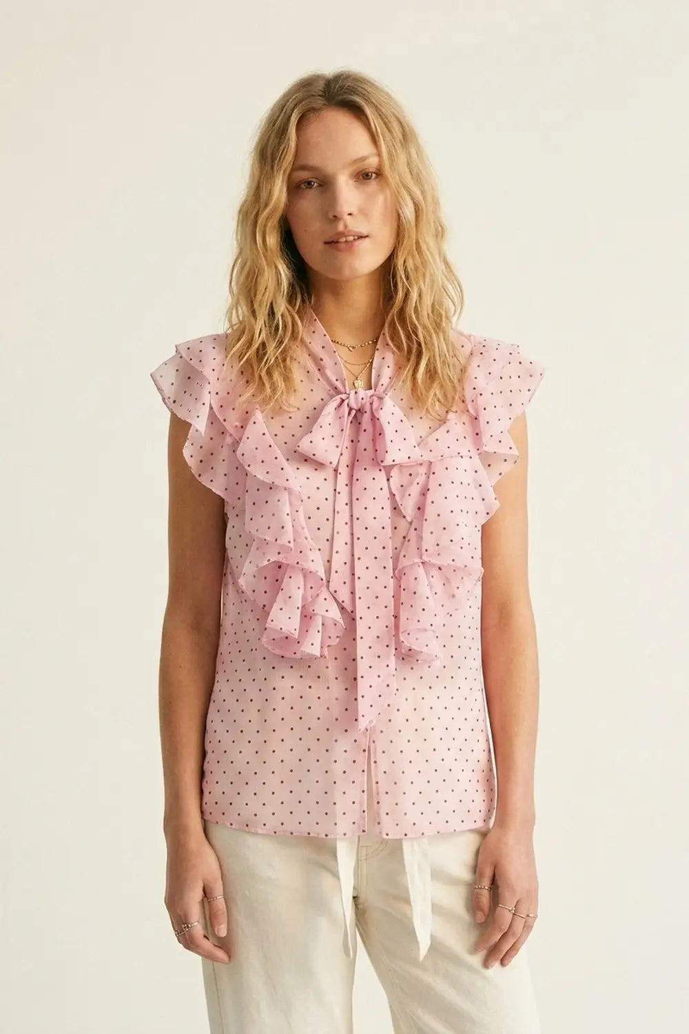 Light Pink Polka-Dot Chiffon Ruffle Bow Tie Sleeveless Blouse - Shirts