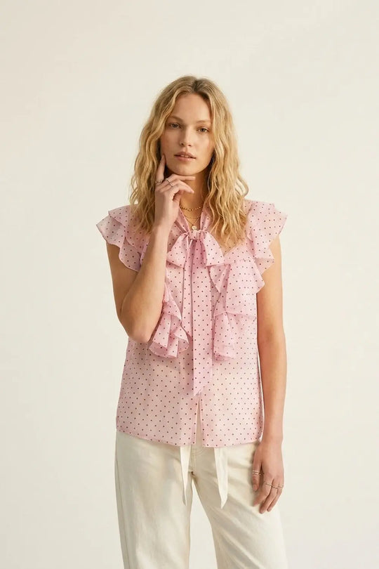 Light Pink Polka-Dot Chiffon Ruffle Bow Tie Sleeveless Blouse - Shirts