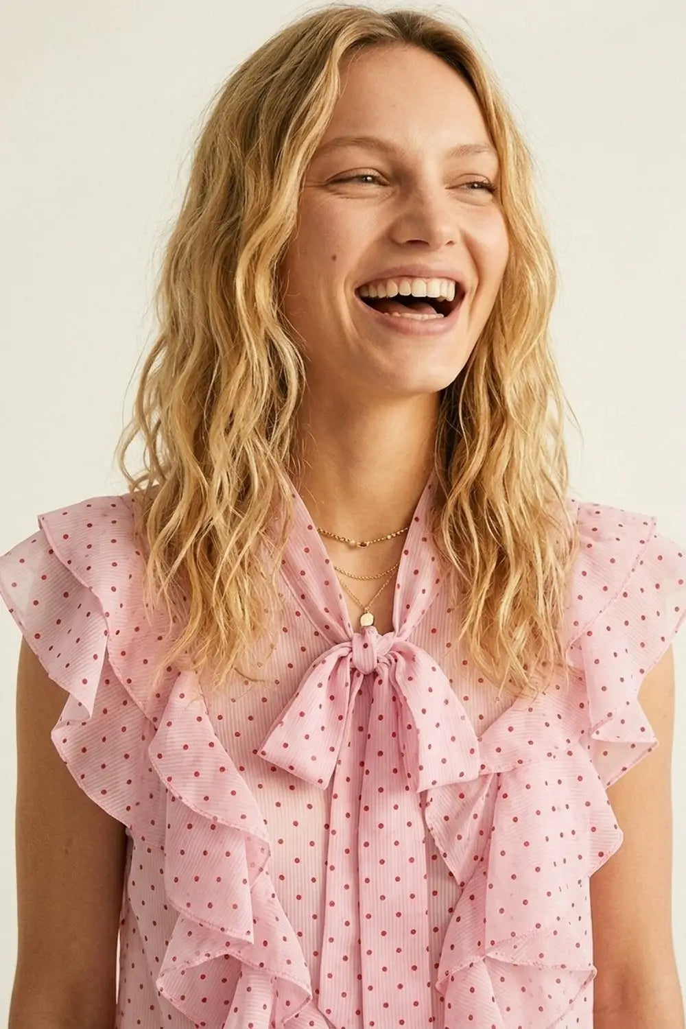 Light Pink Polka-Dot Chiffon Ruffle Bow Tie Sleeveless Blouse - Shirts
