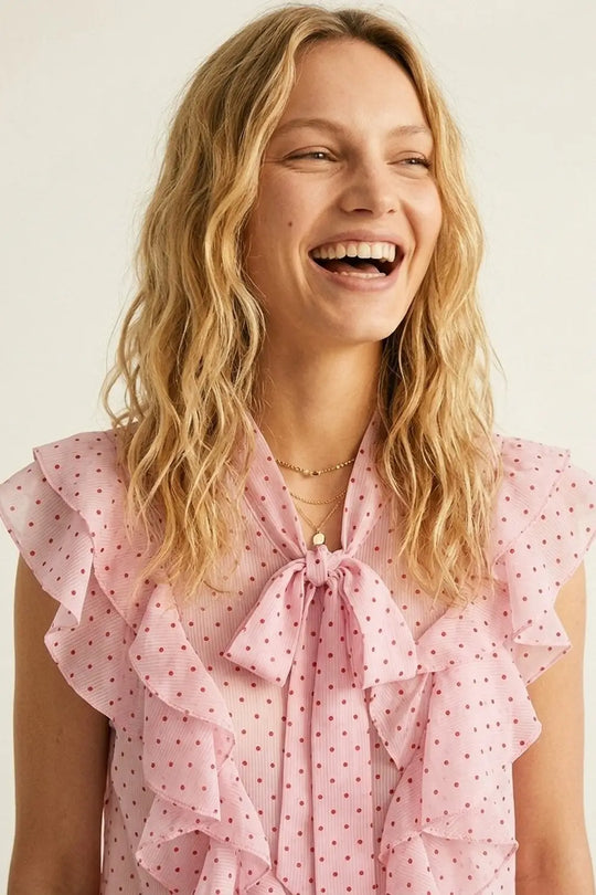 Light Pink Polka-Dot Chiffon Ruffle Bow Tie Sleeveless Blouse - Shirts