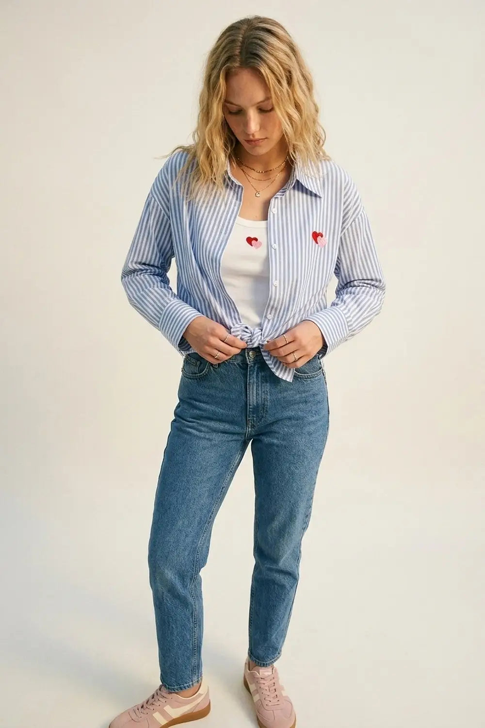 Blue Stripe Cotton Embroidered Heart Set t-shirt and shirt 2 pieces - BLUE / ONE - Shirts