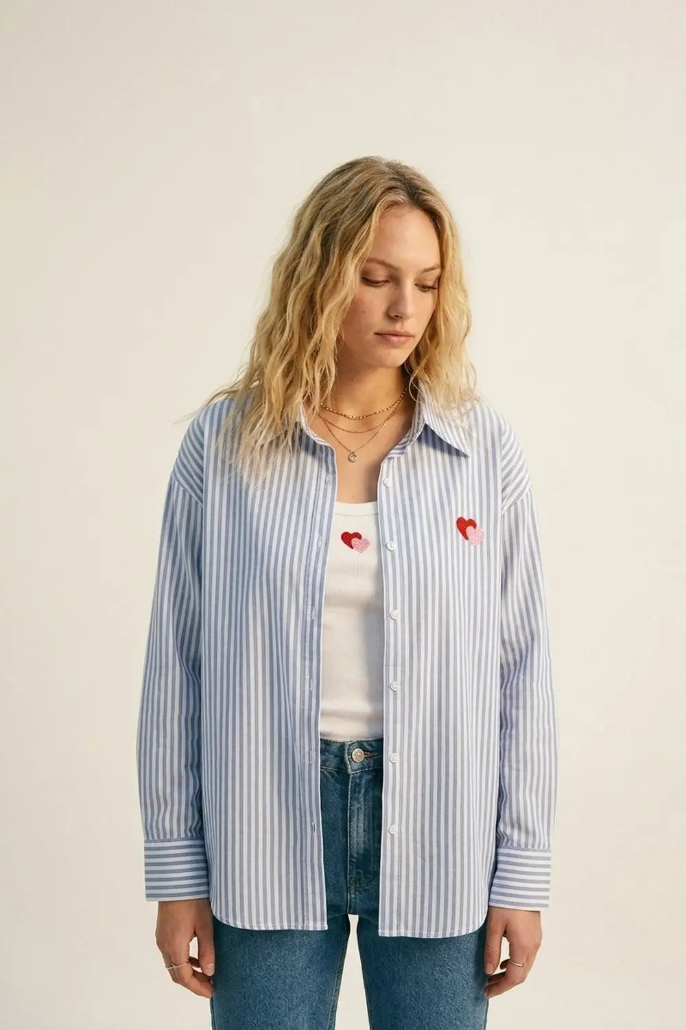 Blue Stripe Cotton Embroidered Heart Set t-shirt and shirt 2 pieces - BLUE / ONE - Shirts