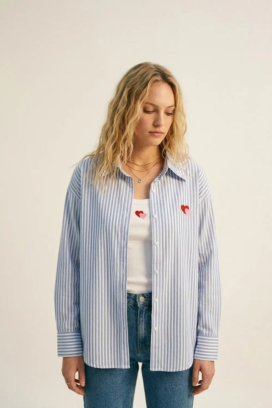 Blue Stripe Cotton Embroidered Heart Set t-shirt and shirt 2 pieces - BLUE / ONE - Shirts
