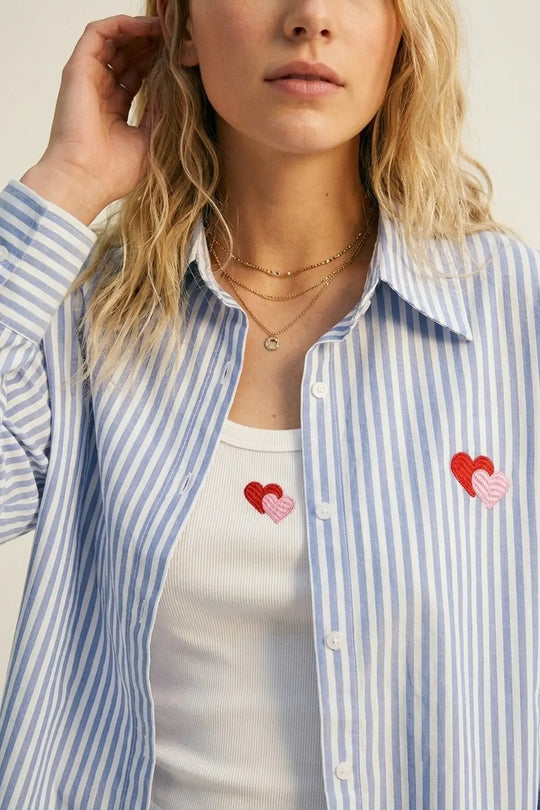 Blue Stripe Cotton Embroidered Heart Set t-shirt and shirt 2 pieces - BLUE / ONE - Shirts