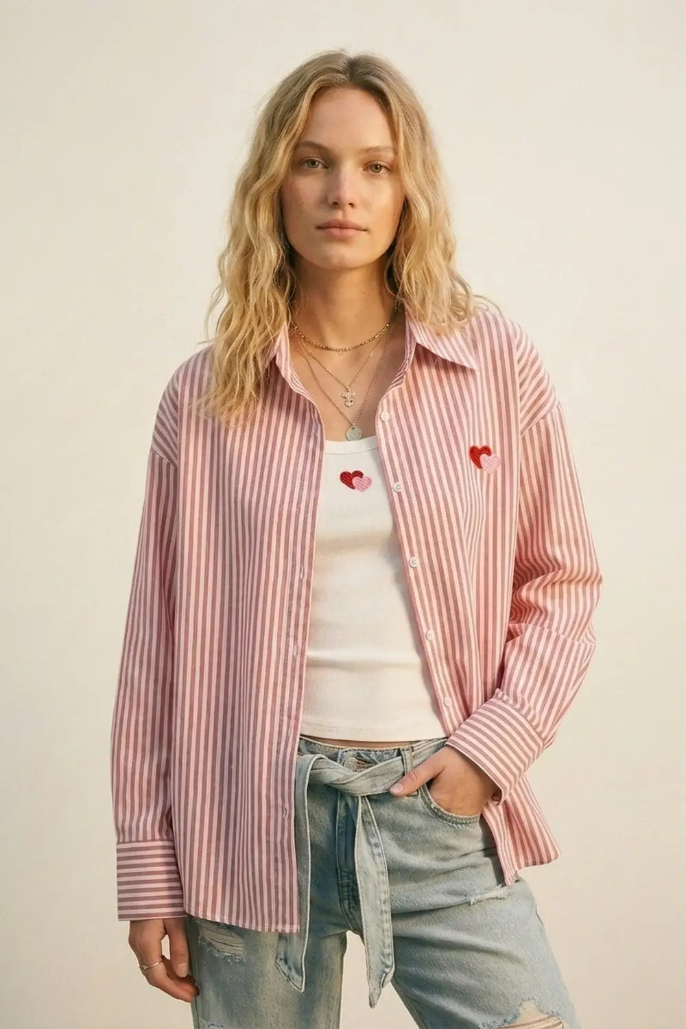 Red Stripe Cotton Embroidered Heart Set t-shirt and shirt 2 pieces - RED / ONE - Shirts