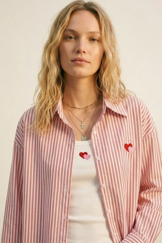 Red Stripe Cotton Embroidered Heart Set t-shirt and shirt 2 pieces - RED / ONE - Shirts