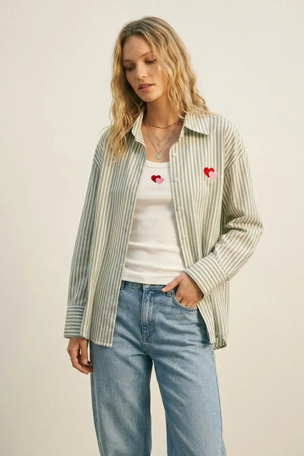 green Stripe Cotton Embroidered Heart Set t-shirt and shirt 2 pieces - GREEN / ONE - Shirts