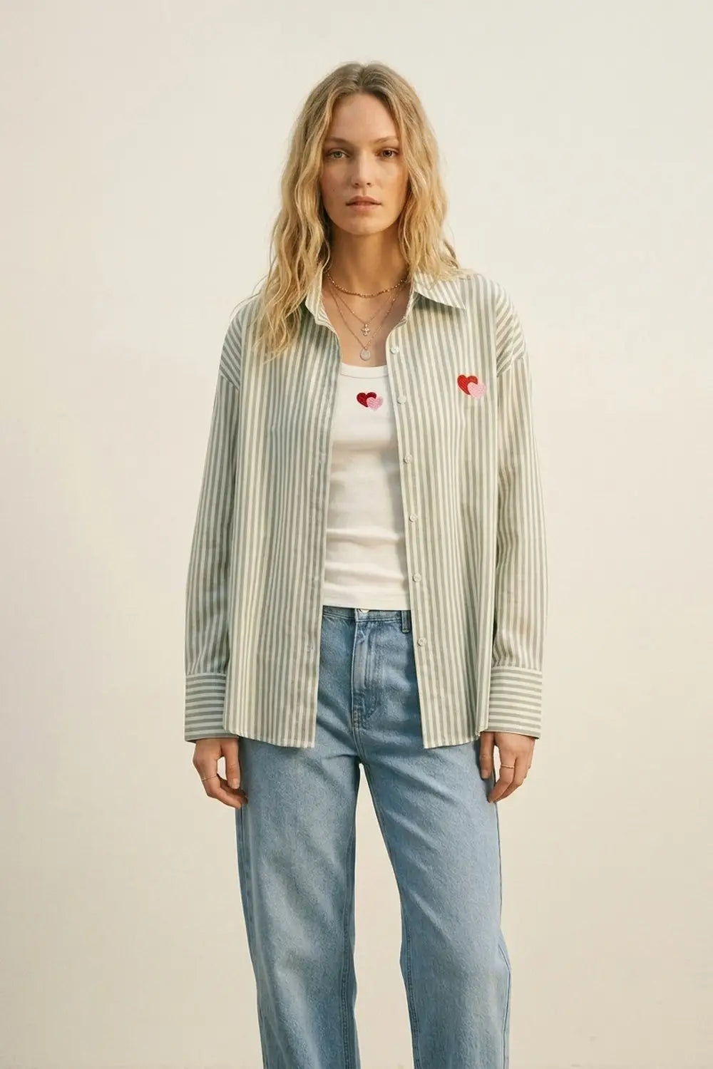 green Stripe Cotton Embroidered Heart Set t-shirt and shirt 2 pieces - GREEN / ONE - Shirts