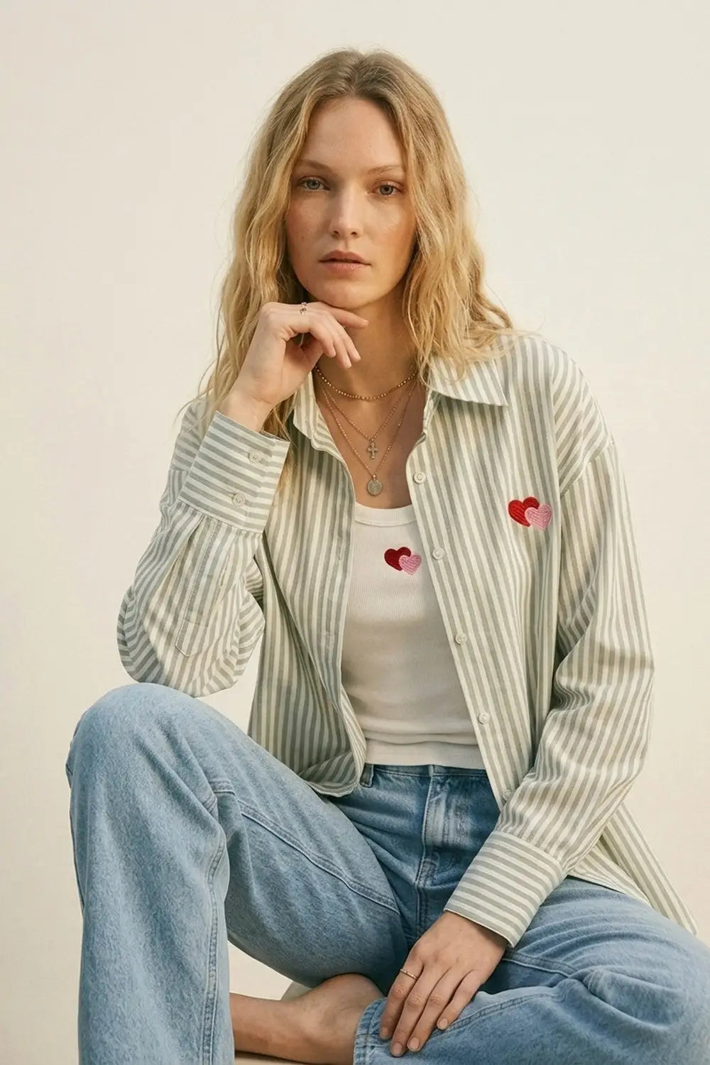 green Stripe Cotton Embroidered Heart Set t-shirt and shirt 2 pieces - GREEN / ONE - Shirts