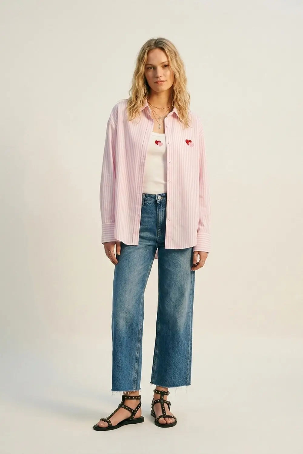 Pink Stripe Cotton Embroidered Heart Set t-shirt and shirt 2 pieces - PINK / ONE - Shirts