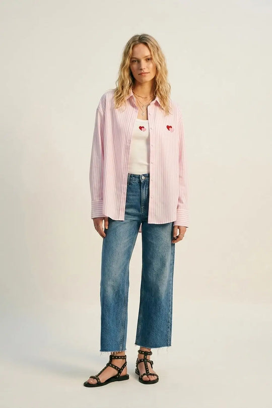 Pink Stripe Cotton Embroidered Heart Set t-shirt and shirt 2 pieces - PINK / ONE - Shirts