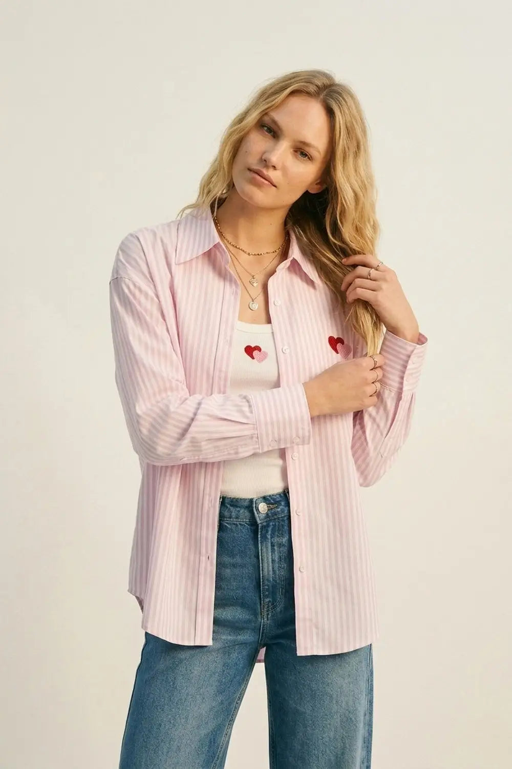 Pink Stripe Cotton Embroidered Heart Set t-shirt and shirt 2 pieces - PINK / ONE - Shirts