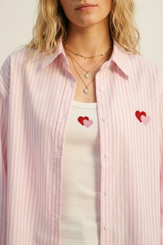 Pink Stripe Cotton Embroidered Heart Set t-shirt and shirt 2 pieces - PINK / ONE - Shirts