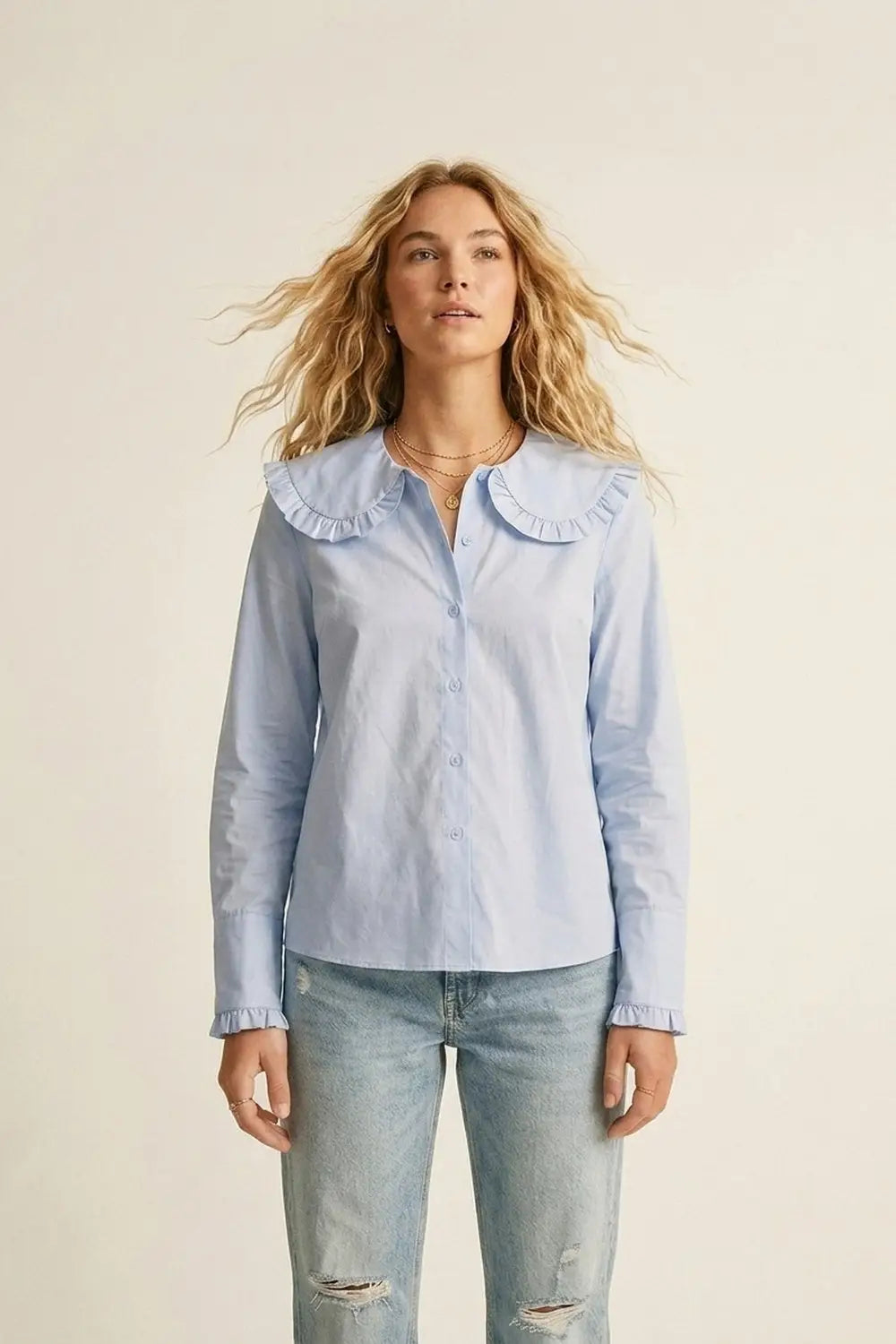 Light Blue Poplin Ruffle Collar Long Sleeve Regular Fit Shirt - Shirts