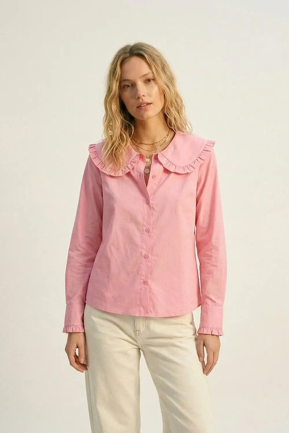 Pink Cotton Poplin Ruffle Prairie Collar Long Sleeve Shirt - Shirts