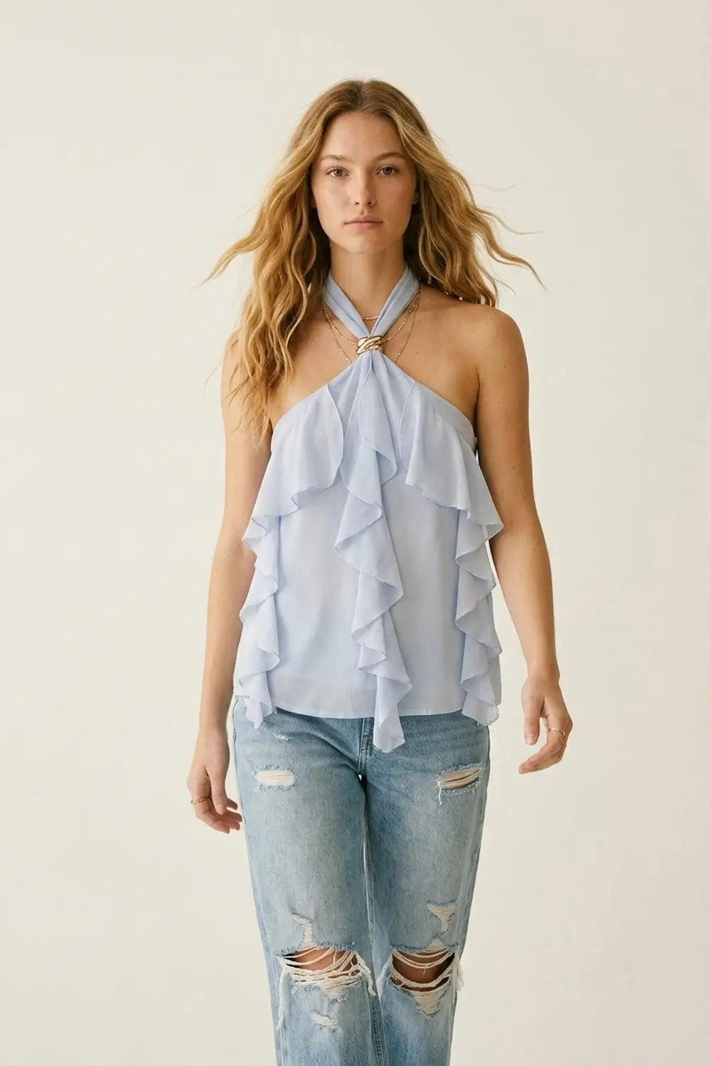 Chiffon Ruffle Halter Neck Top in Light Blue - Tops