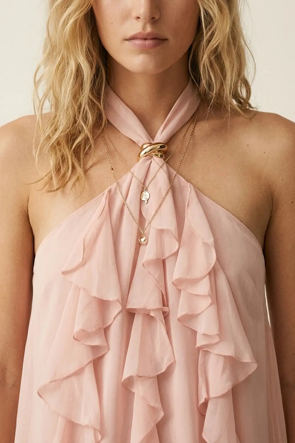Chiffon Ruffle Detail Halter Neck Sleeveless top in Light Pink - Tops