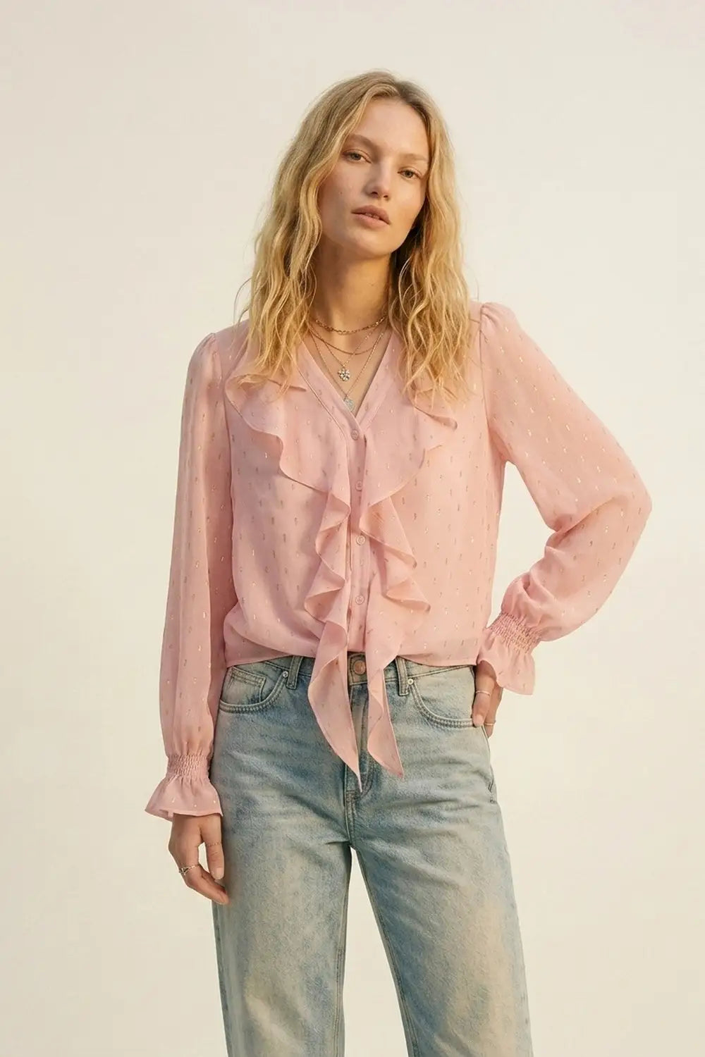 Gold Polka-Dot Chiffon Ruffle Button Blouse in Light Pink - Shirts