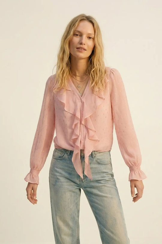 Gold Polka-Dot Chiffon Ruffle Button Blouse in Light Pink - Shirts
