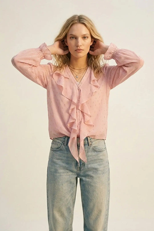 Gold Polka-Dot Chiffon Ruffle Button Blouse in Light Pink - Shirts