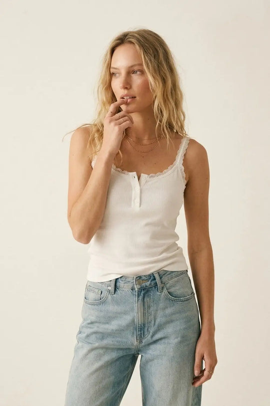 White Ribbed Knit Spaghetti Strap Tank Top - Tops