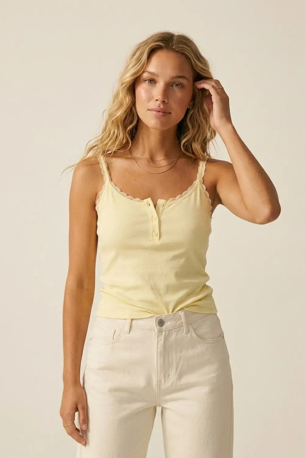 Yellow Ribbed Knit Tank Top with Button Detail - Tops