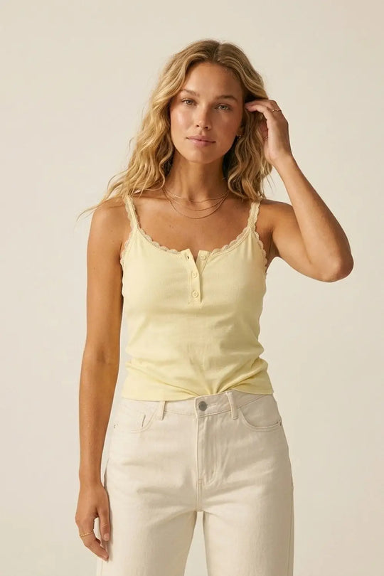 Yellow Ribbed Knit Tank Top with Button Detail - Tops