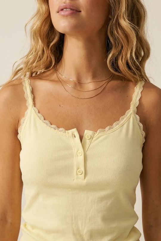 Yellow Ribbed Knit Tank Top with Button Detail - Tops