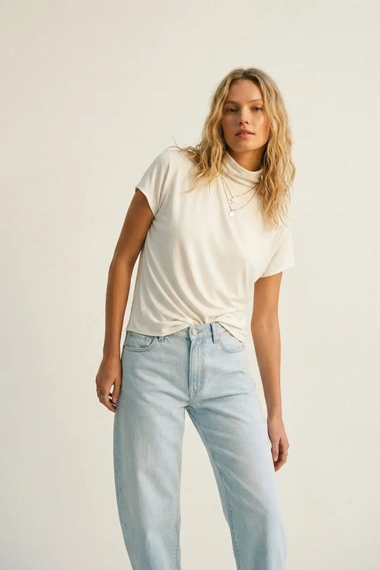 Short Sleeve Mock Neck Top in white color