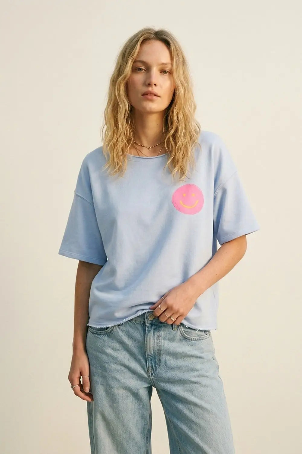 Light Blue Relaxed Fit sweatshirt with Pink Smiley - BLUE / ONE - T-Shirts