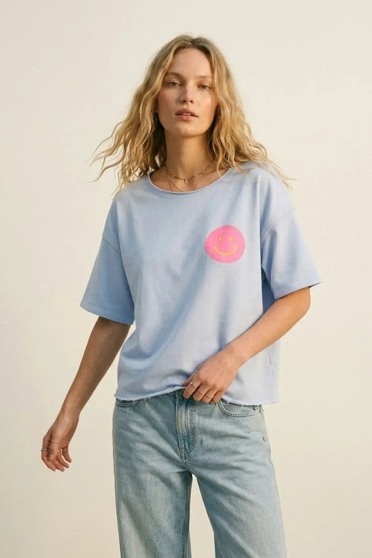 Light Blue Relaxed Fit sweatshirt with Pink Smiley - BLUE / ONE - T-Shirts