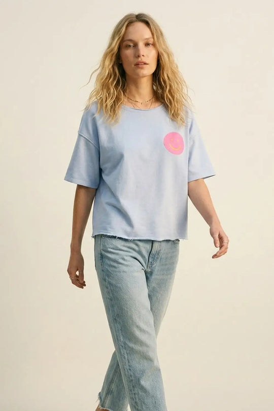 Light Blue Relaxed Fit sweatshirt with Pink Smiley - BLUE / ONE - T-Shirts