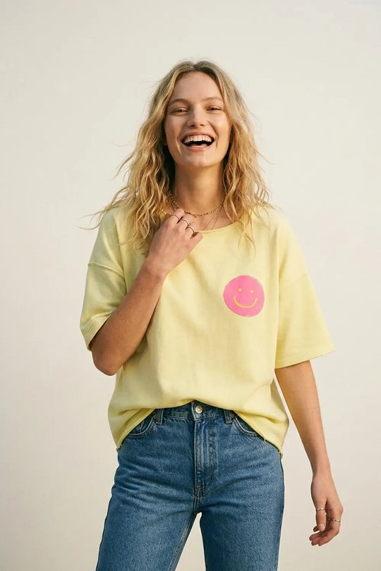 Yellow Relaxed Fit Smile Patch Cotton sweatshirt - YELLOW / ONE - T-Shirts