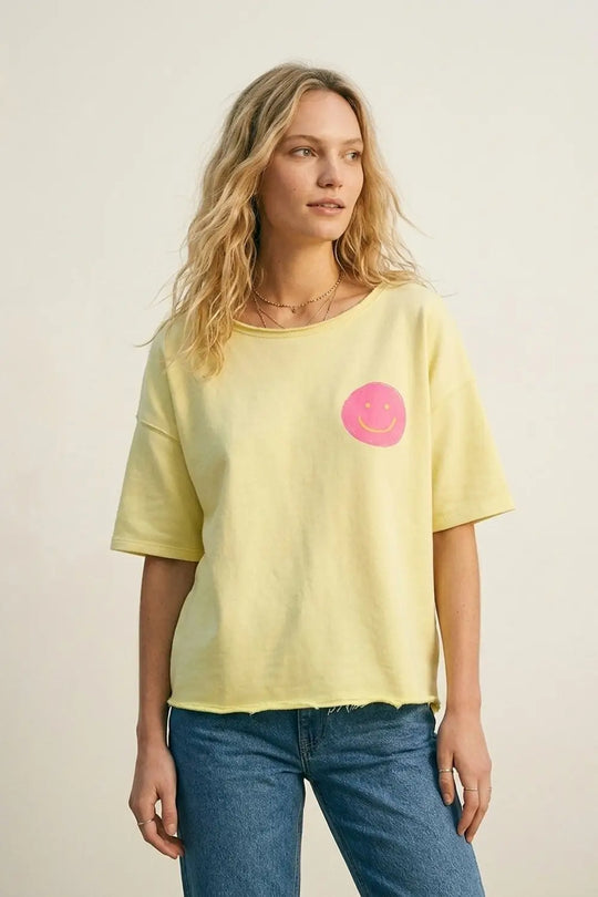 Yellow Relaxed Fit Smile Patch Cotton sweatshirt - YELLOW / ONE - T-Shirts