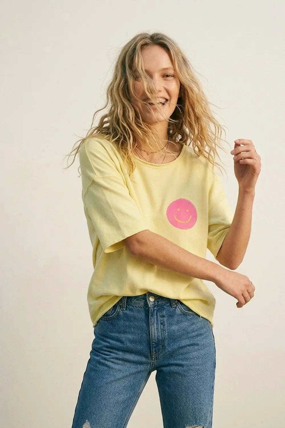 Yellow Relaxed Fit Smile Patch Cotton sweatshirt - YELLOW / ONE - T-Shirts