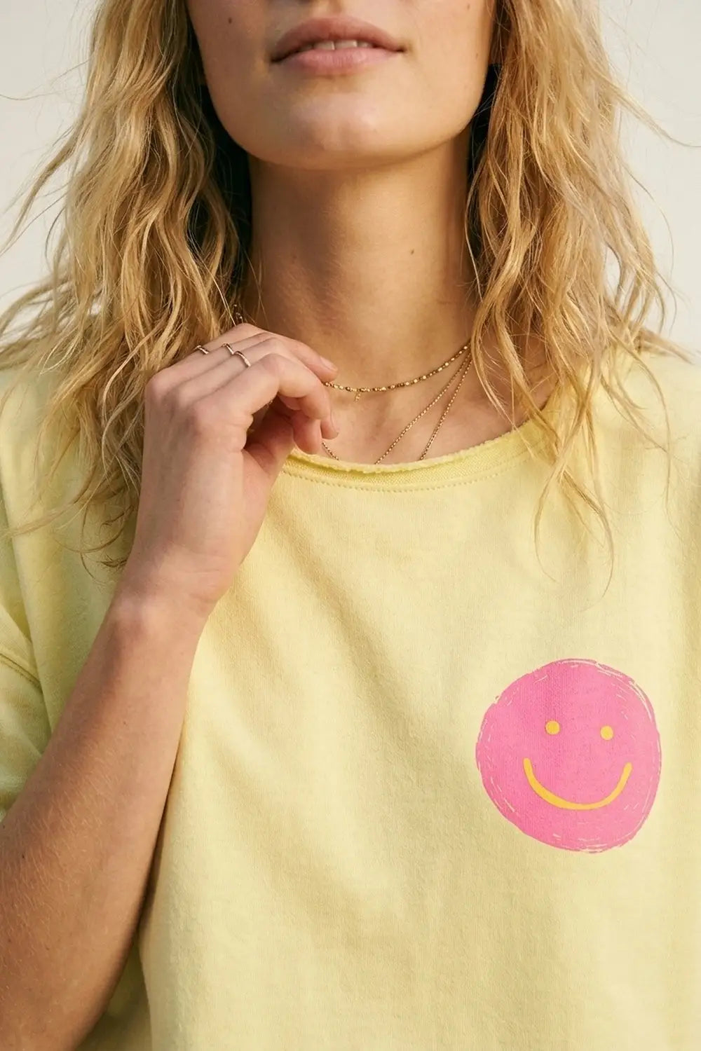 Yellow Relaxed Fit Smile Patch Cotton sweatshirt - YELLOW / ONE - T-Shirts
