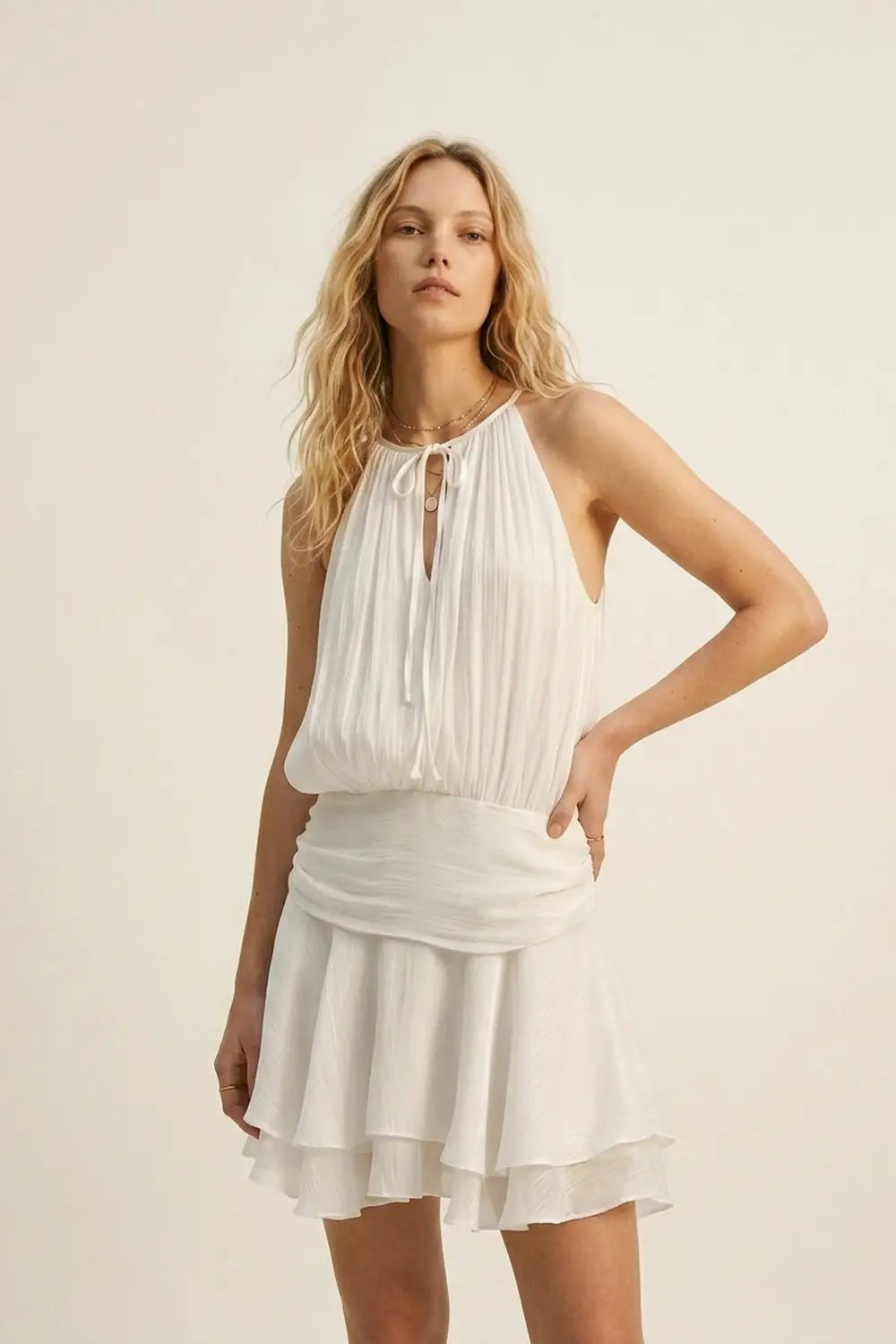 White Pleated Halter Neck Ruffle Dress with shiny chiffon fabric - Dresses