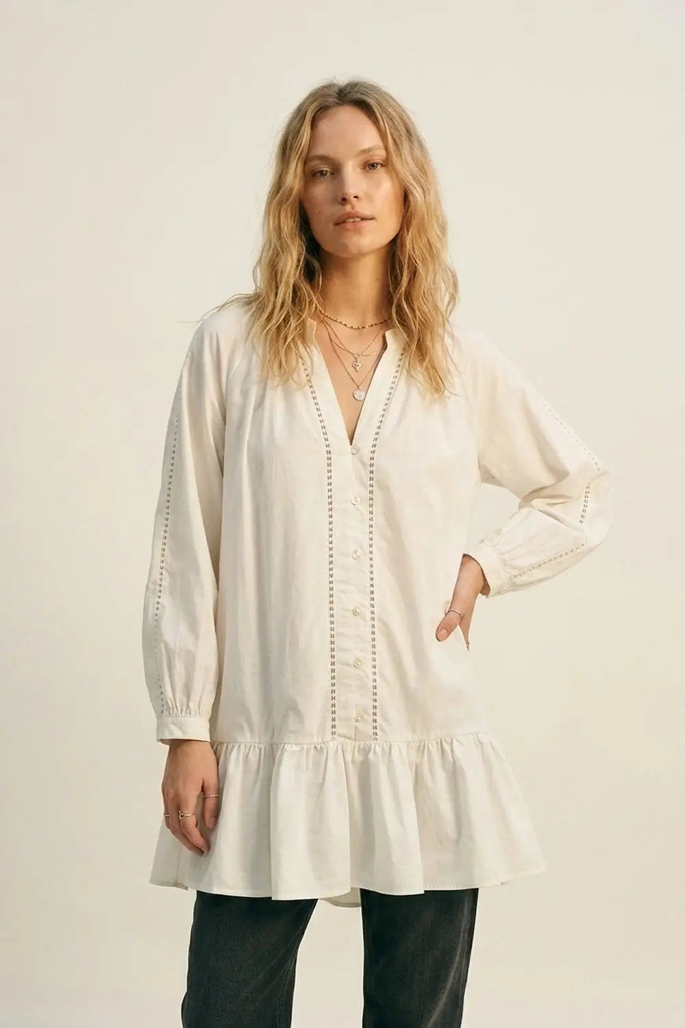 Lightweight Cotton Poplin Peasant Dress in white with Ruffle Hem - Dresses