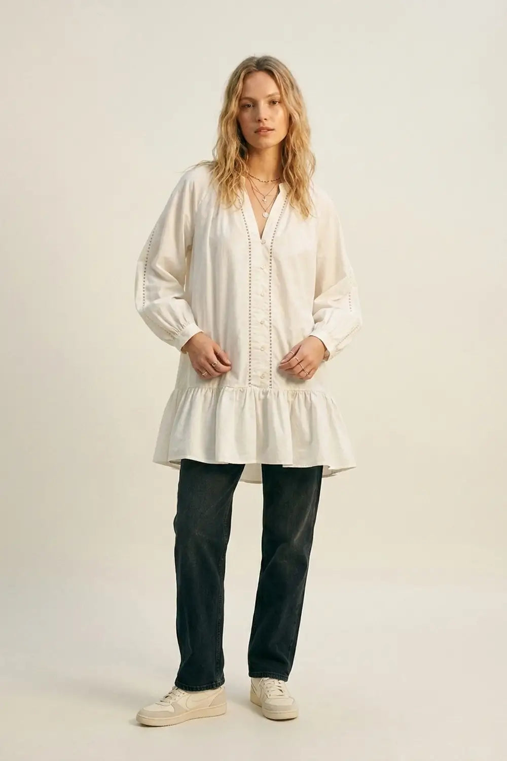 Lightweight Cotton Poplin Peasant Dress in white with Ruffle Hem - Dresses