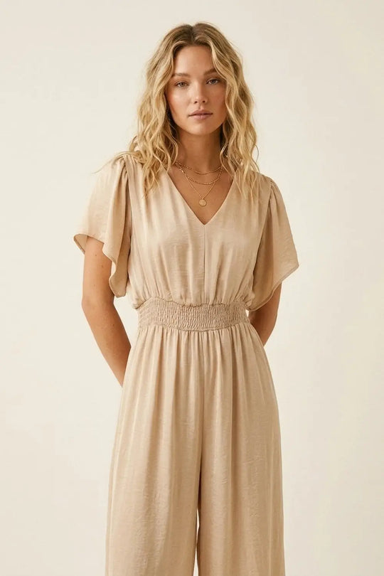Beige Satin V-Neck Waist-Defined jumpsuit - Jumpsuits