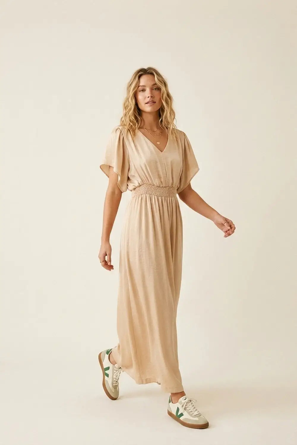 Beige Satin V-Neck Waist-Defined jumpsuit - Jumpsuits