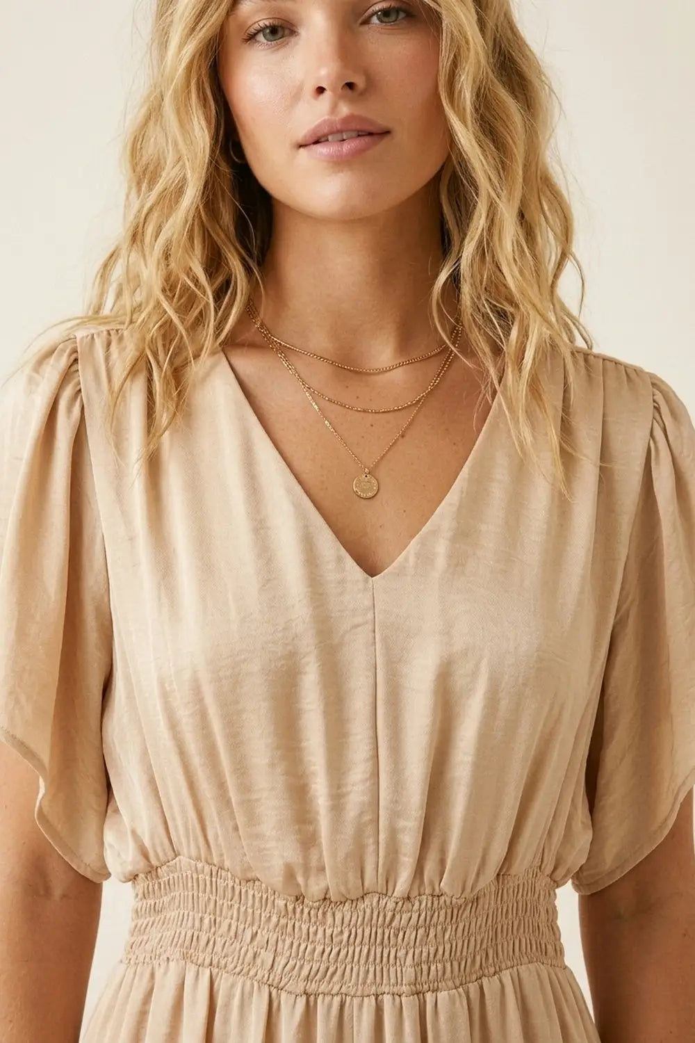 Beige Satin V-Neck Waist-Defined jumpsuit - Jumpsuits