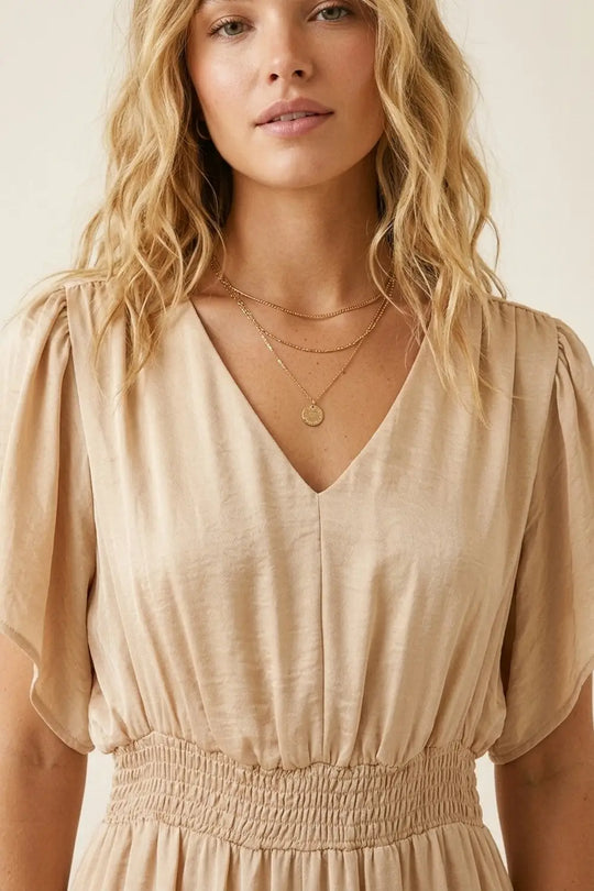 Beige Satin V-Neck Waist-Defined jumpsuit - Jumpsuits