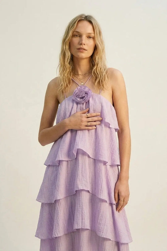 Lilac Crinkled Woven Tiered Ruffle Rose Detail maxi Dress - Dresses