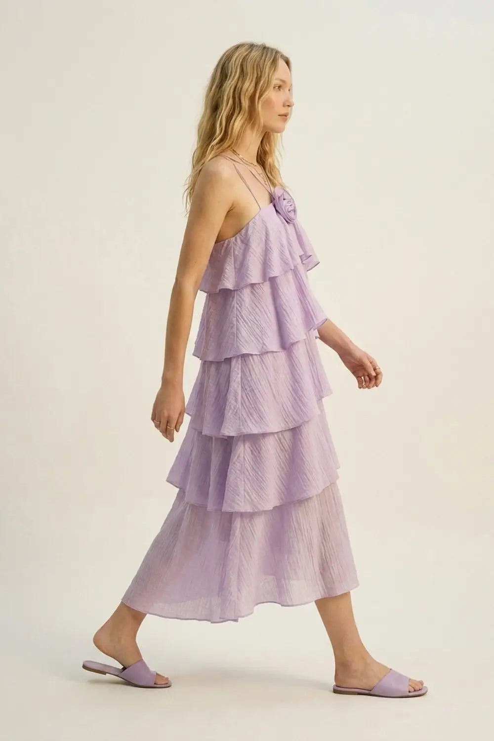 Lilac Crinkled Woven Tiered Ruffle Rose Detail maxi Dress - Dresses