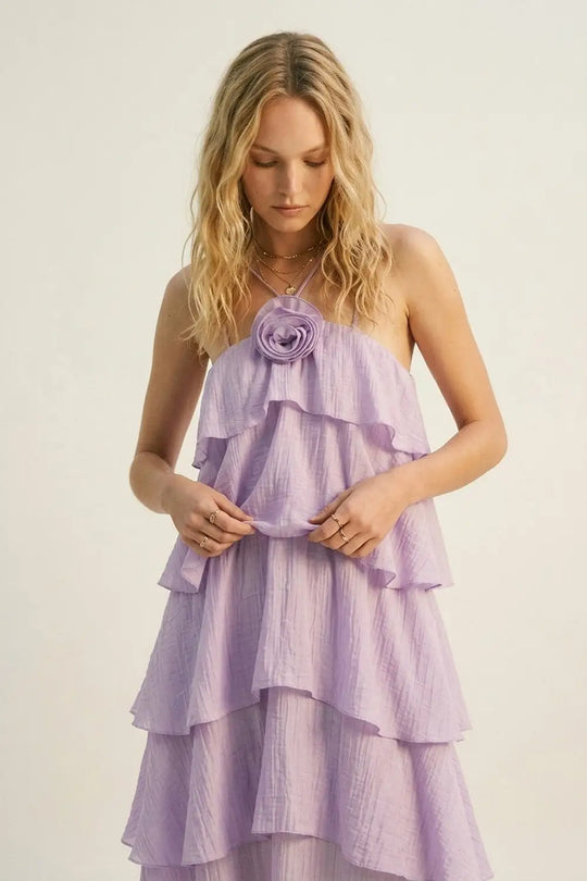 Lilac Crinkled Woven Tiered Ruffle Rose Detail maxi Dress - Dresses