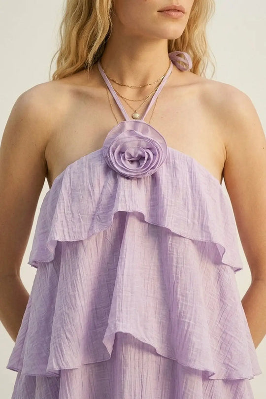 Lilac Crinkled Woven Tiered Ruffle Rose Detail maxi Dress - Dresses