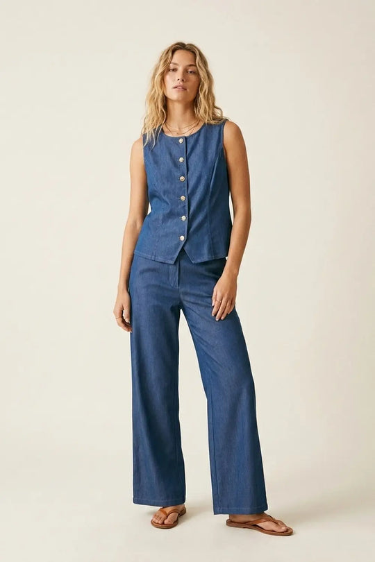 Sleeveless Button-Front Vest &amp; Wide-Leg Trouser Set - Jumpsuits